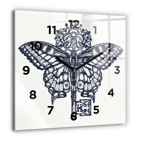 Square wall clock Butterfly and key - boho style