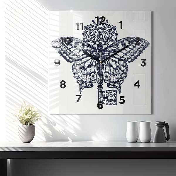 Square wall clock Butterfly and key - boho style
