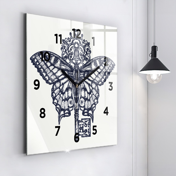 Square wall clock Butterfly and key - boho style