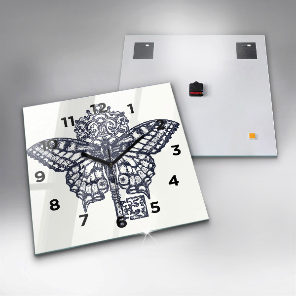 Square wall clock Butterfly and key - boho style