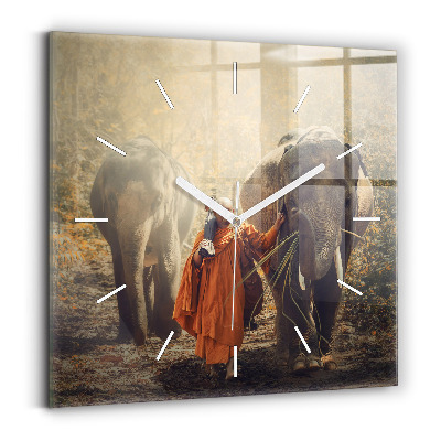 Square wall clock Monk leading elephants