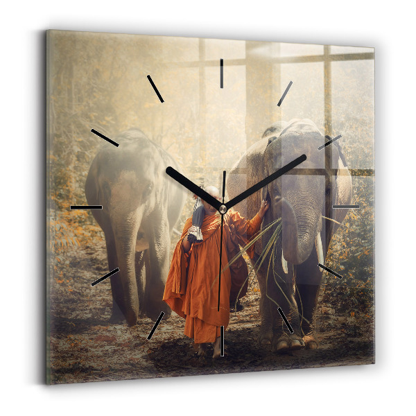 Square wall clock Monk leading elephants