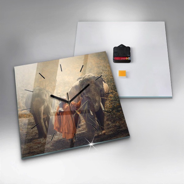 Square wall clock Monk leading elephants