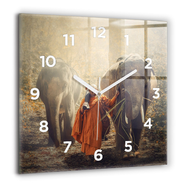 Square wall clock Monk leading elephants