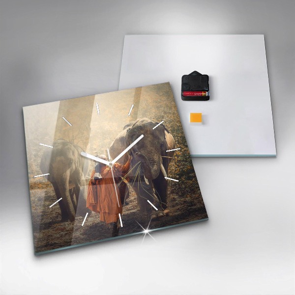 Square wall clock Monk leading elephants