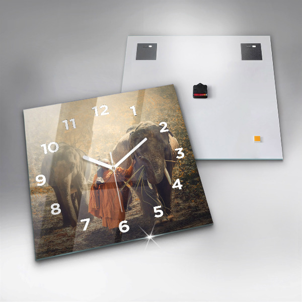 Square wall clock Monk leading elephants