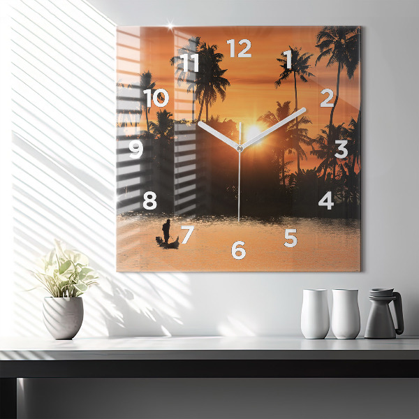 Square wall clock Sunset and palm trees