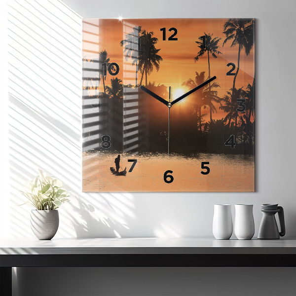 Square wall clock Sunset and palm trees