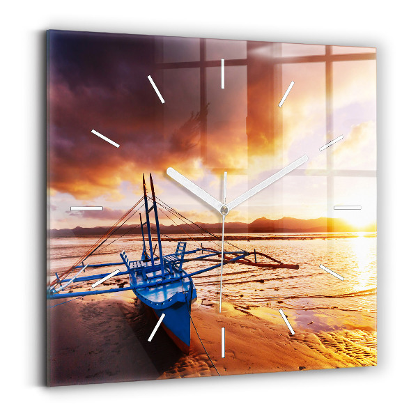 Square wall clock Boat and sunset