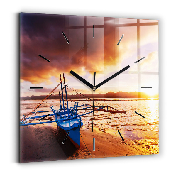Square wall clock Boat and sunset