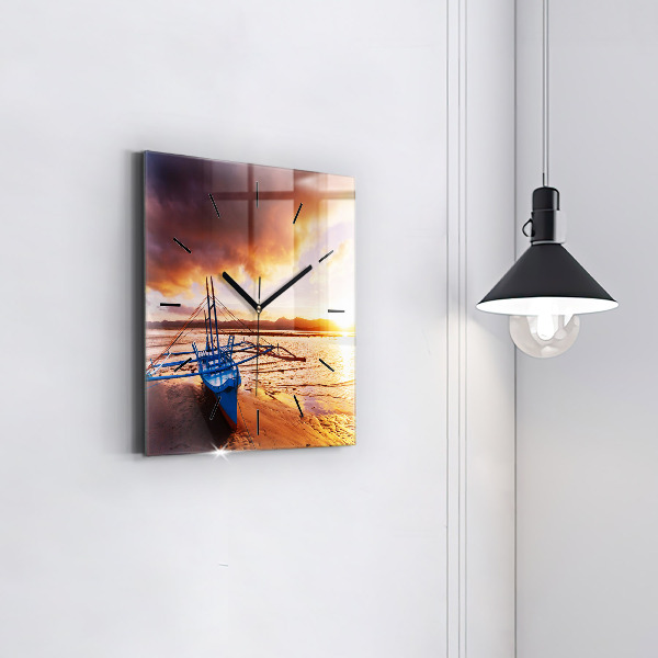 Square wall clock Boat and sunset