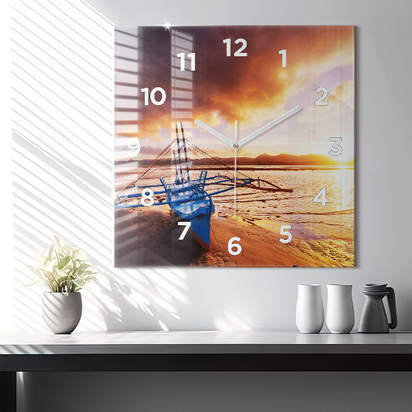 Square wall clock Boat and sunset
