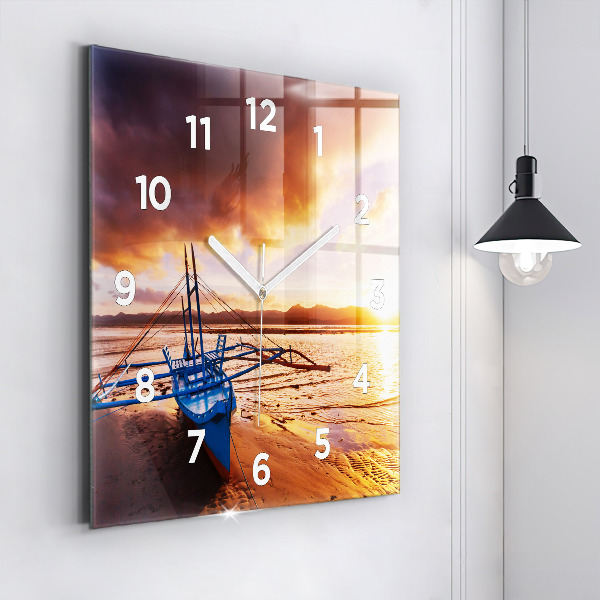 Square wall clock Boat and sunset