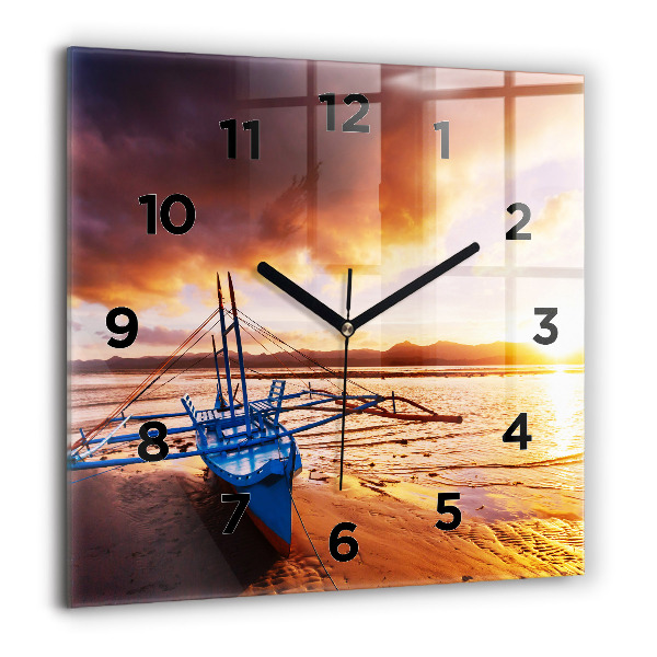 Square wall clock Boat and sunset