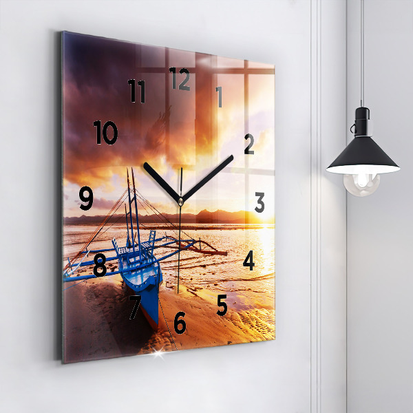 Square wall clock Boat and sunset