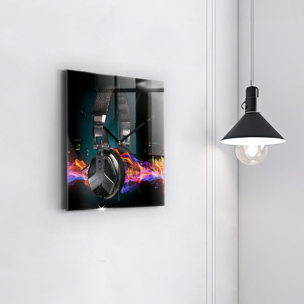 Square wall clock Headphones and sound waves