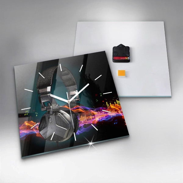 Square wall clock Headphones and sound waves