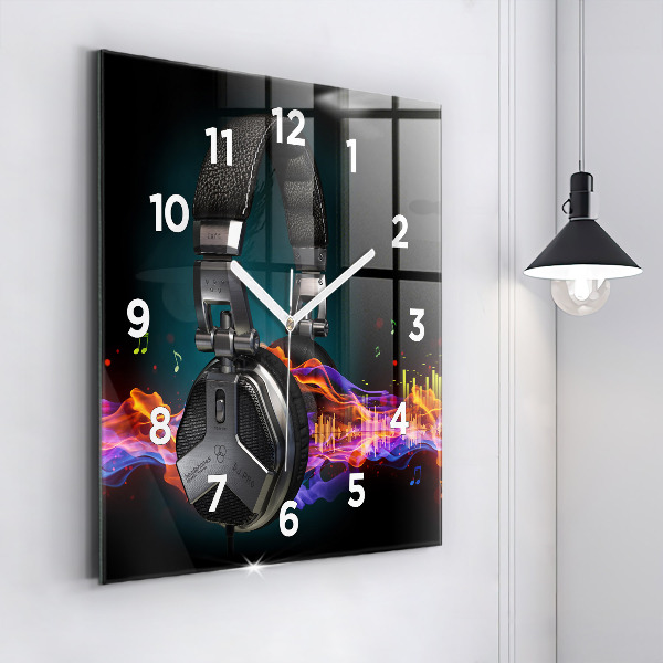Square wall clock Headphones and sound waves