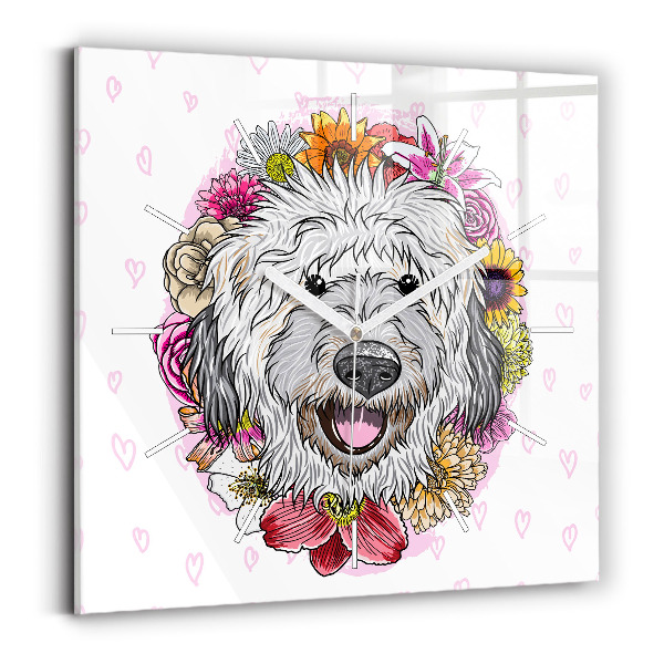 Square wall clock Happy dog in flowers
