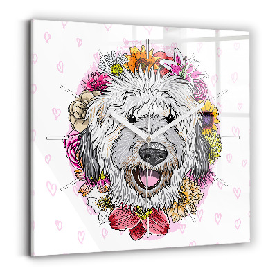 Square wall clock Happy dog in flowers