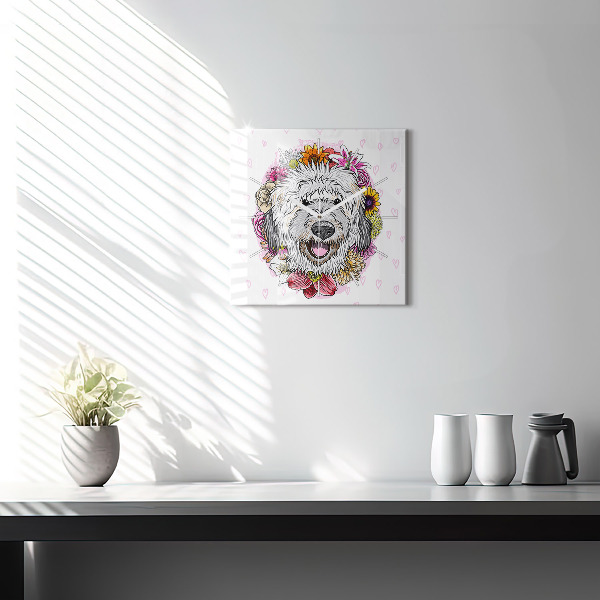 Square wall clock Happy dog in flowers