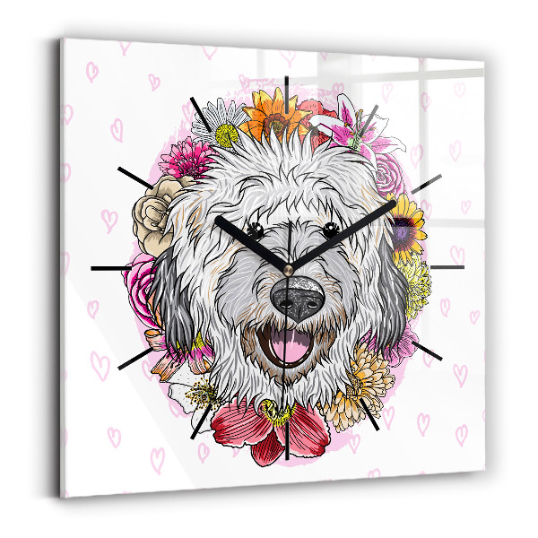 Square wall clock Happy dog in flowers