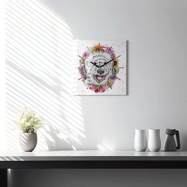 Square wall clock Happy dog in flowers
