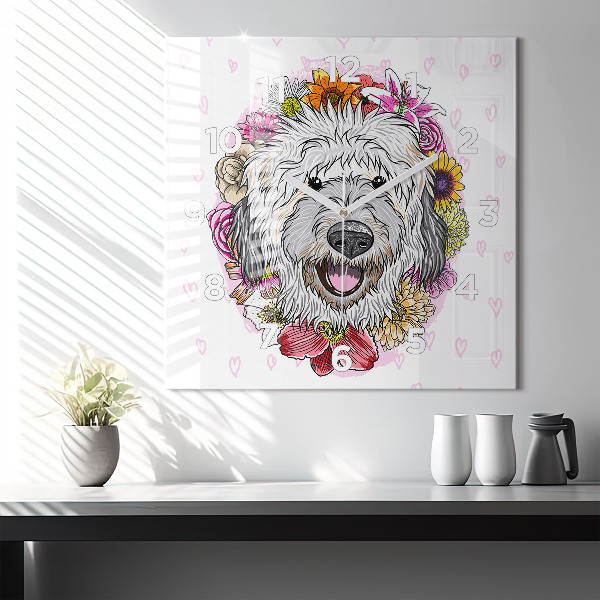 Square wall clock Happy dog in flowers