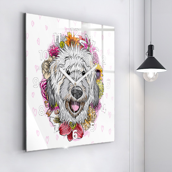 Square wall clock Happy dog in flowers