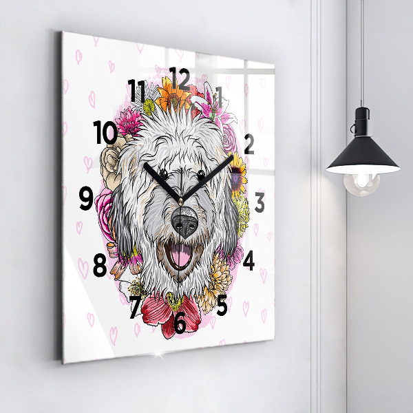 Square wall clock Happy dog in flowers