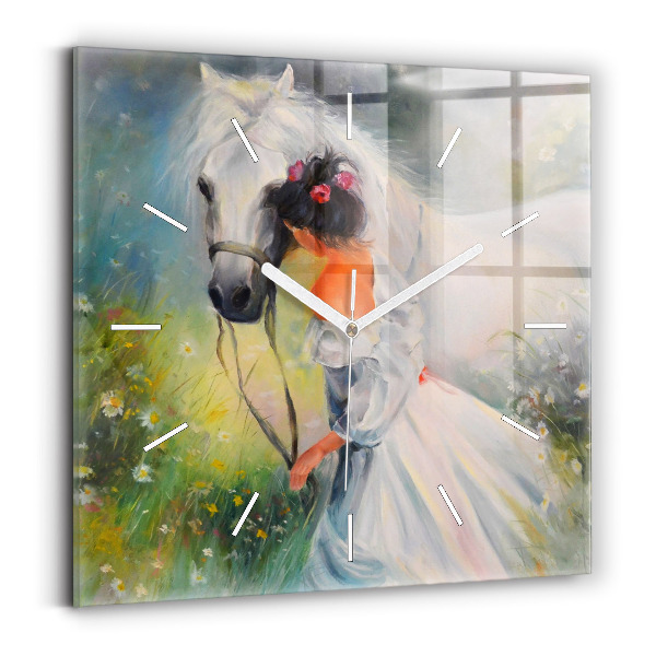Square wall clock Beautiful woman with a horse