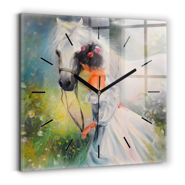 Square wall clock Beautiful woman with a horse