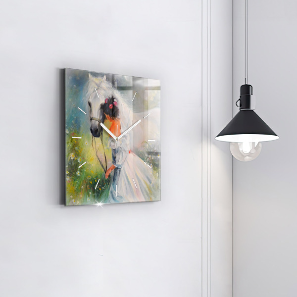 Square wall clock Beautiful woman with a horse