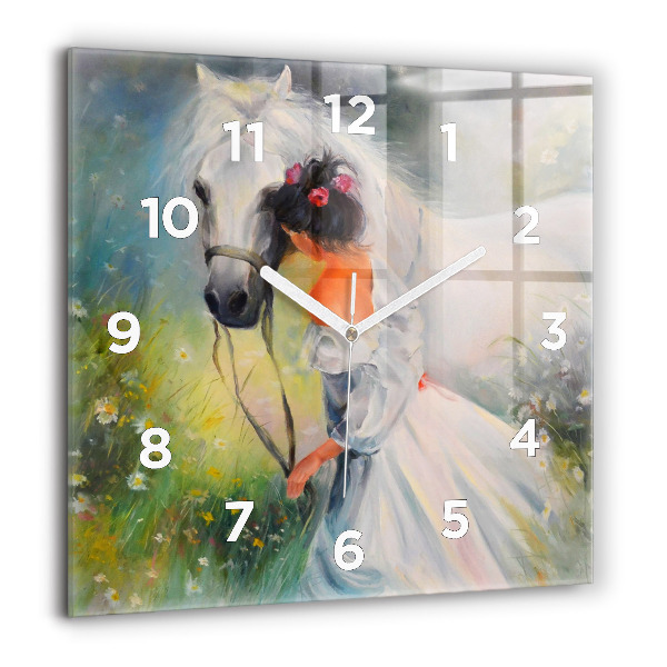 Square wall clock Beautiful woman with a horse
