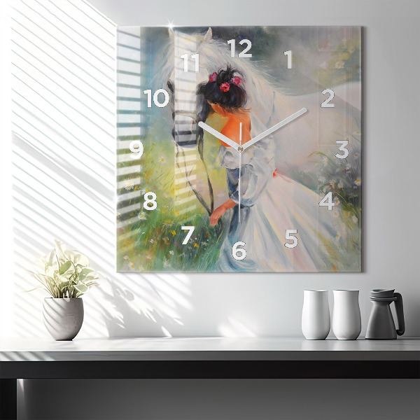Square wall clock Beautiful woman with a horse