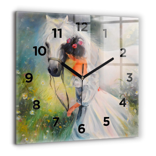 Square wall clock Beautiful woman with a horse