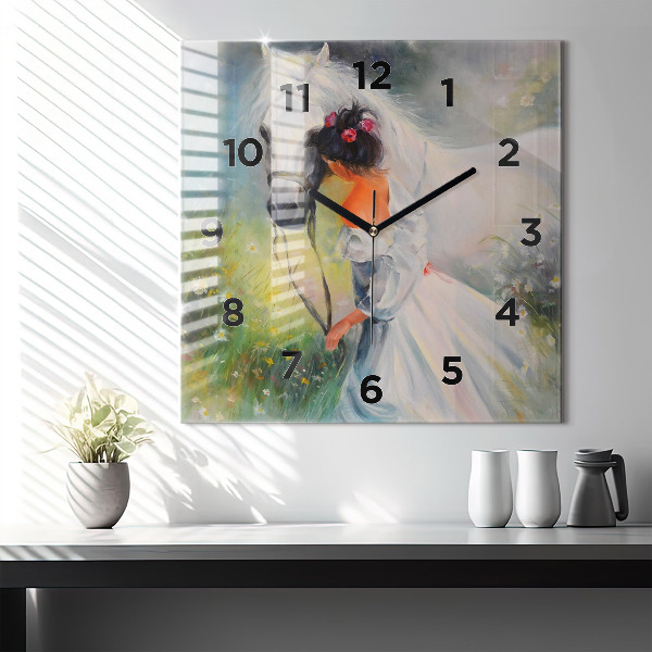 Square wall clock Beautiful woman with a horse