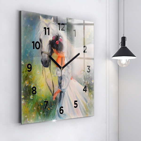 Square wall clock Beautiful woman with a horse