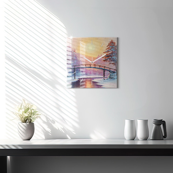 Square wall clock Christmas tree and bridge