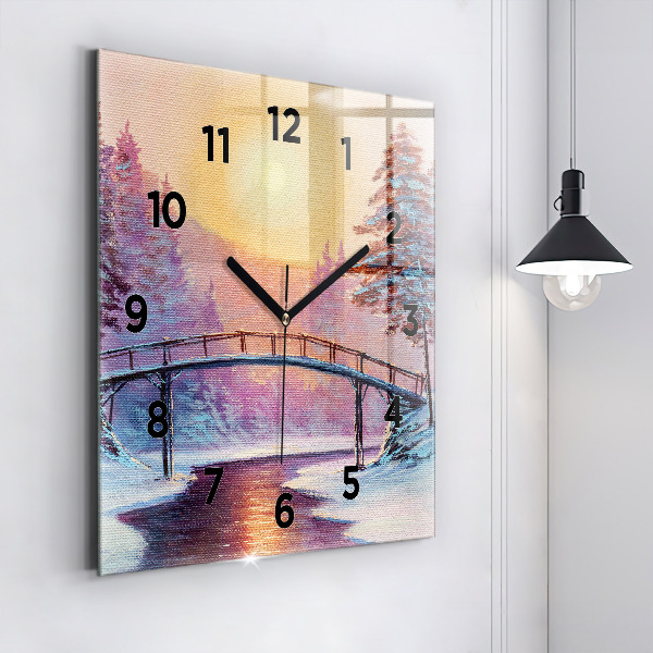 Square wall clock Christmas tree and bridge