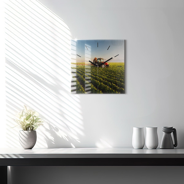 Square wall clock Tractor in a farm field