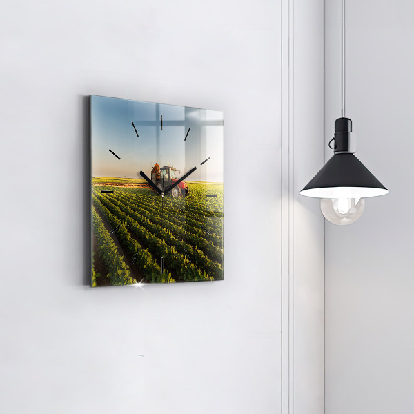 Square wall clock Tractor in a farm field