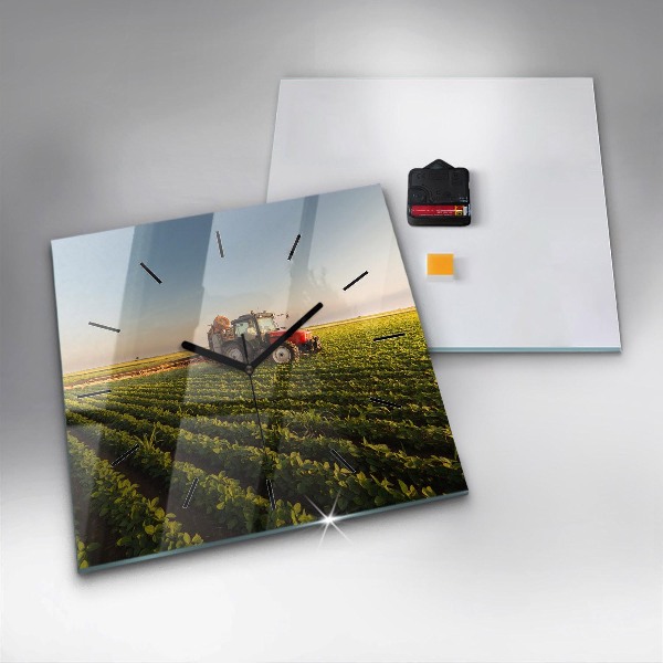 Square wall clock Tractor in a farm field