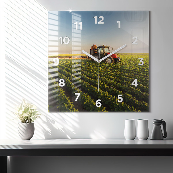 Square wall clock Tractor in a farm field