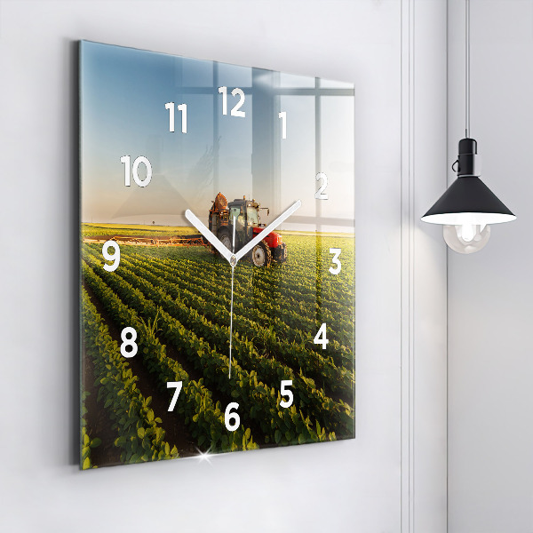 Square wall clock Tractor in a farm field