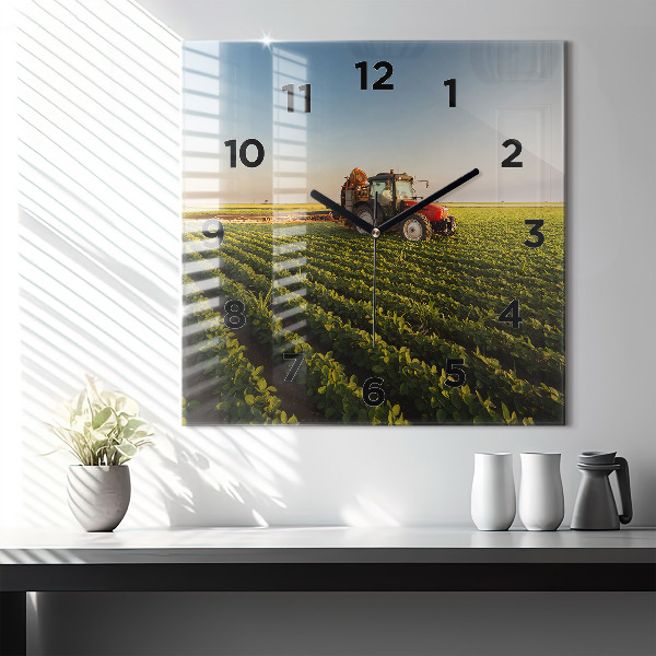 Square wall clock Tractor in a farm field