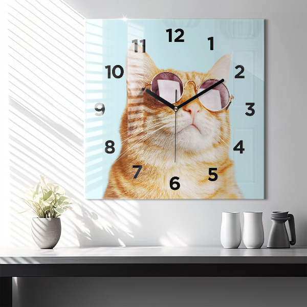 Square wall clock Funny cat with glasses