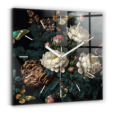 Square wall clock Flower and golden butterflies