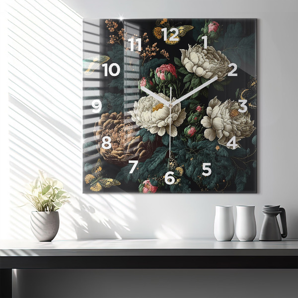 Square wall clock Flower and golden butterflies