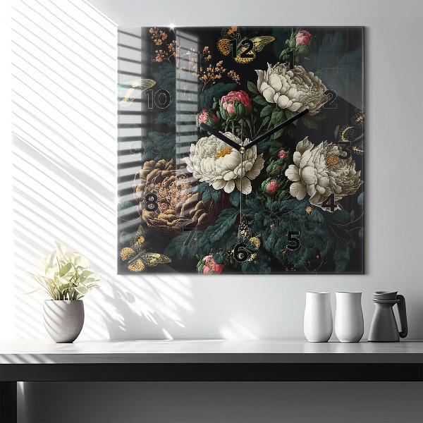 Square wall clock Flower and golden butterflies